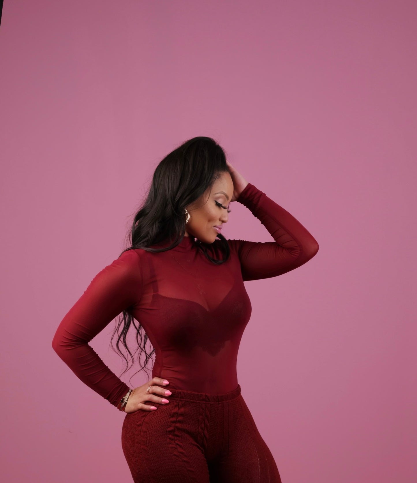 Wine Sheer Mock Neck Thong Bodysuit