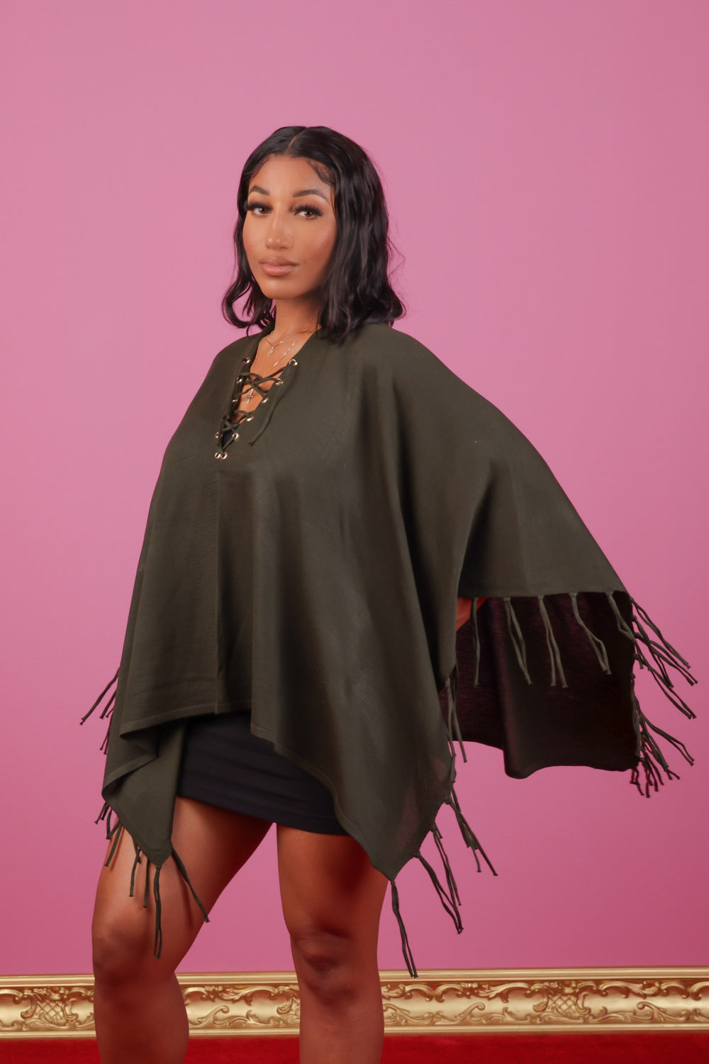 Olive Front Lace Up Fringe Poncho