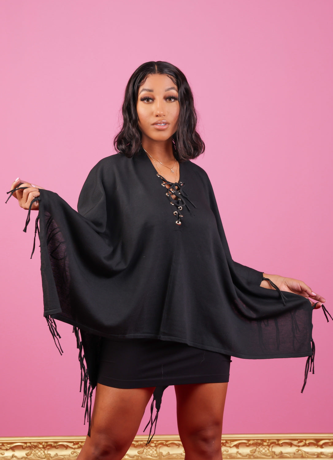 Black Front Lace Up Fringe Poncho