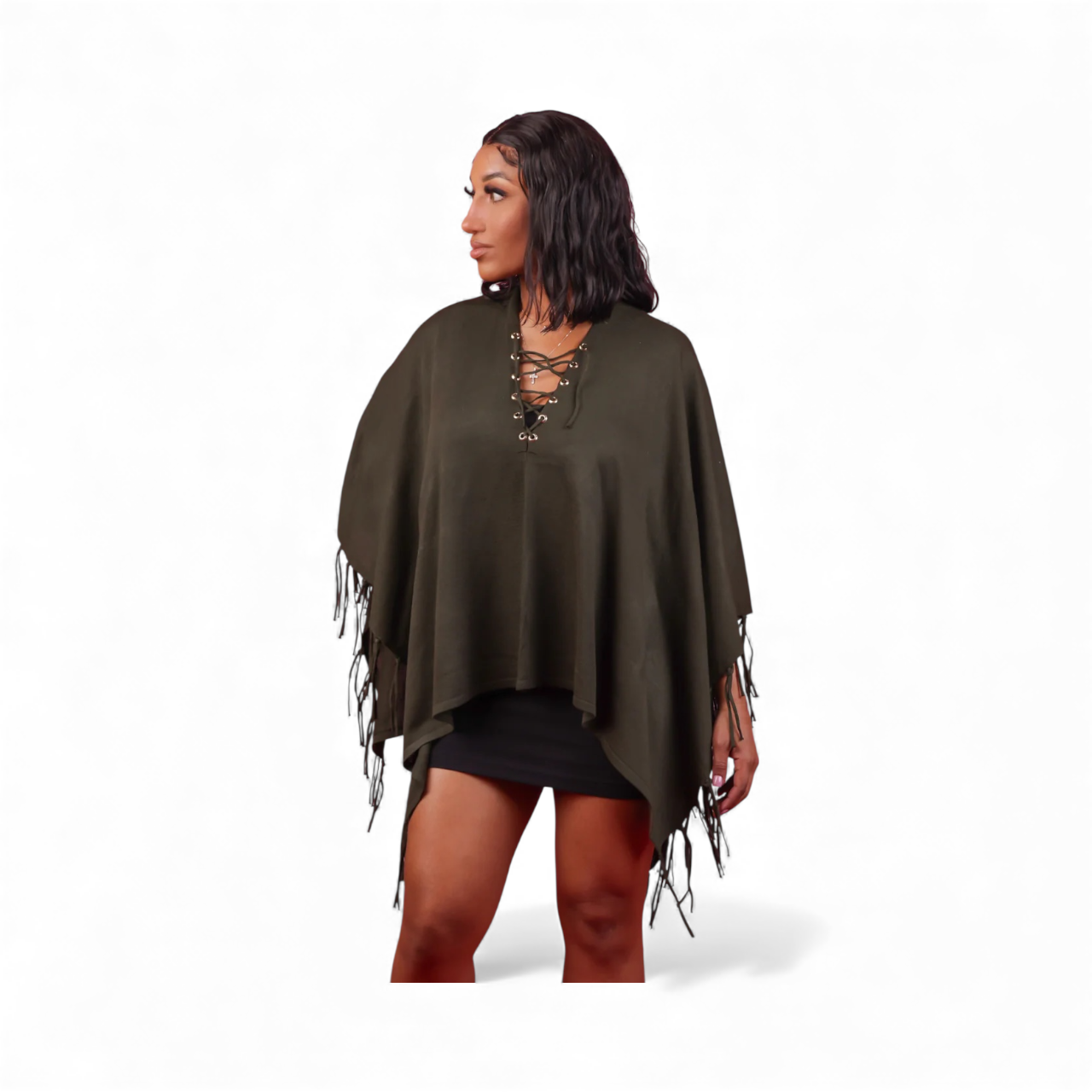 Olive Front Lace Up Fringe Poncho