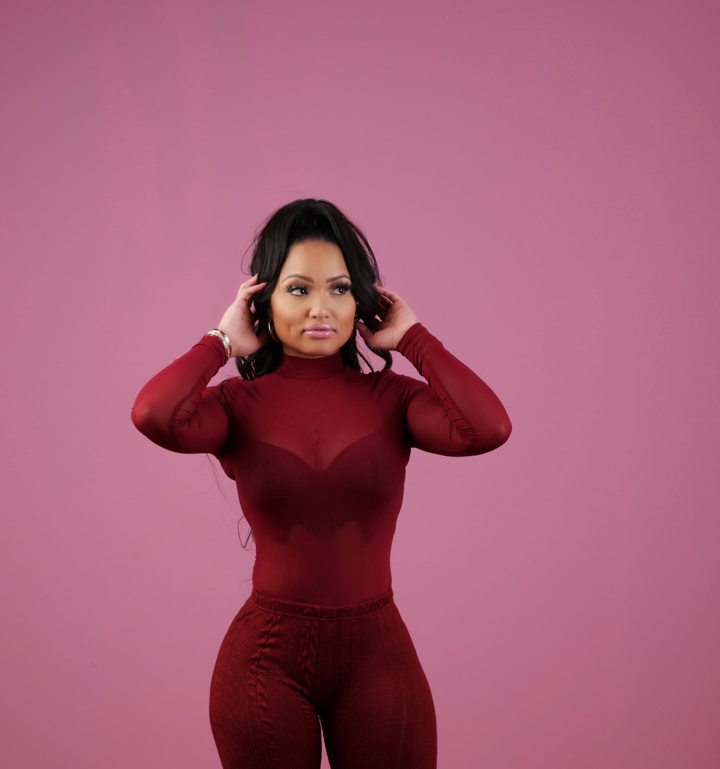 Wine Sheer Mock Neck Thong Bodysuit