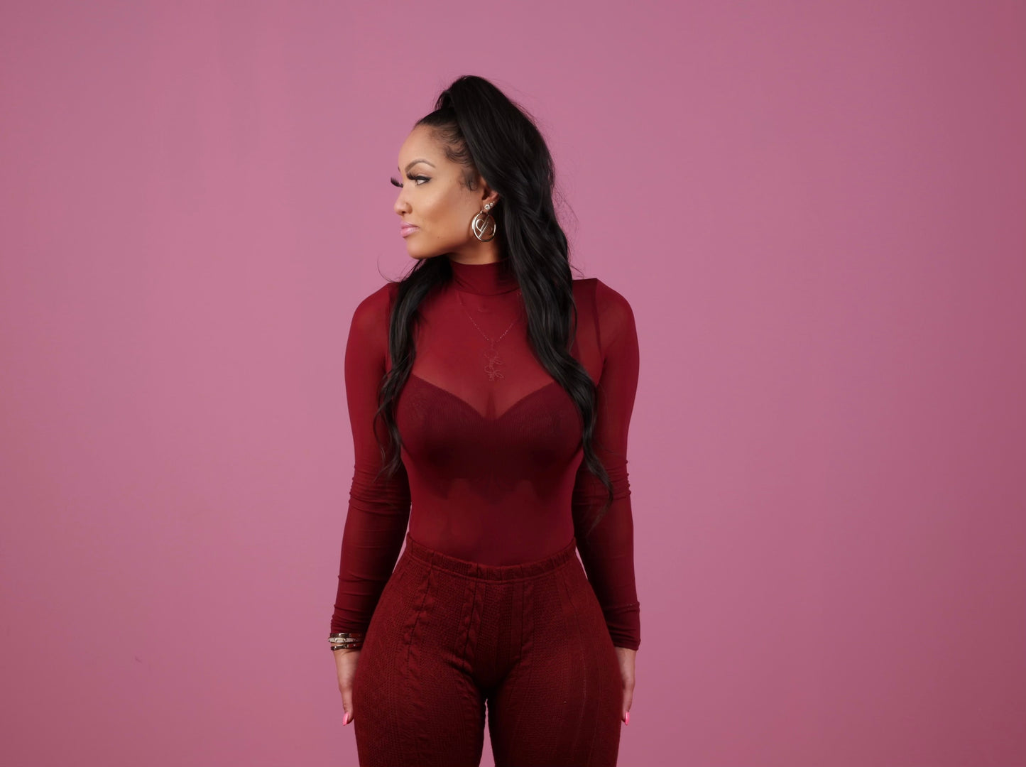 Wine Sheer Mock Neck Thong Bodysuit