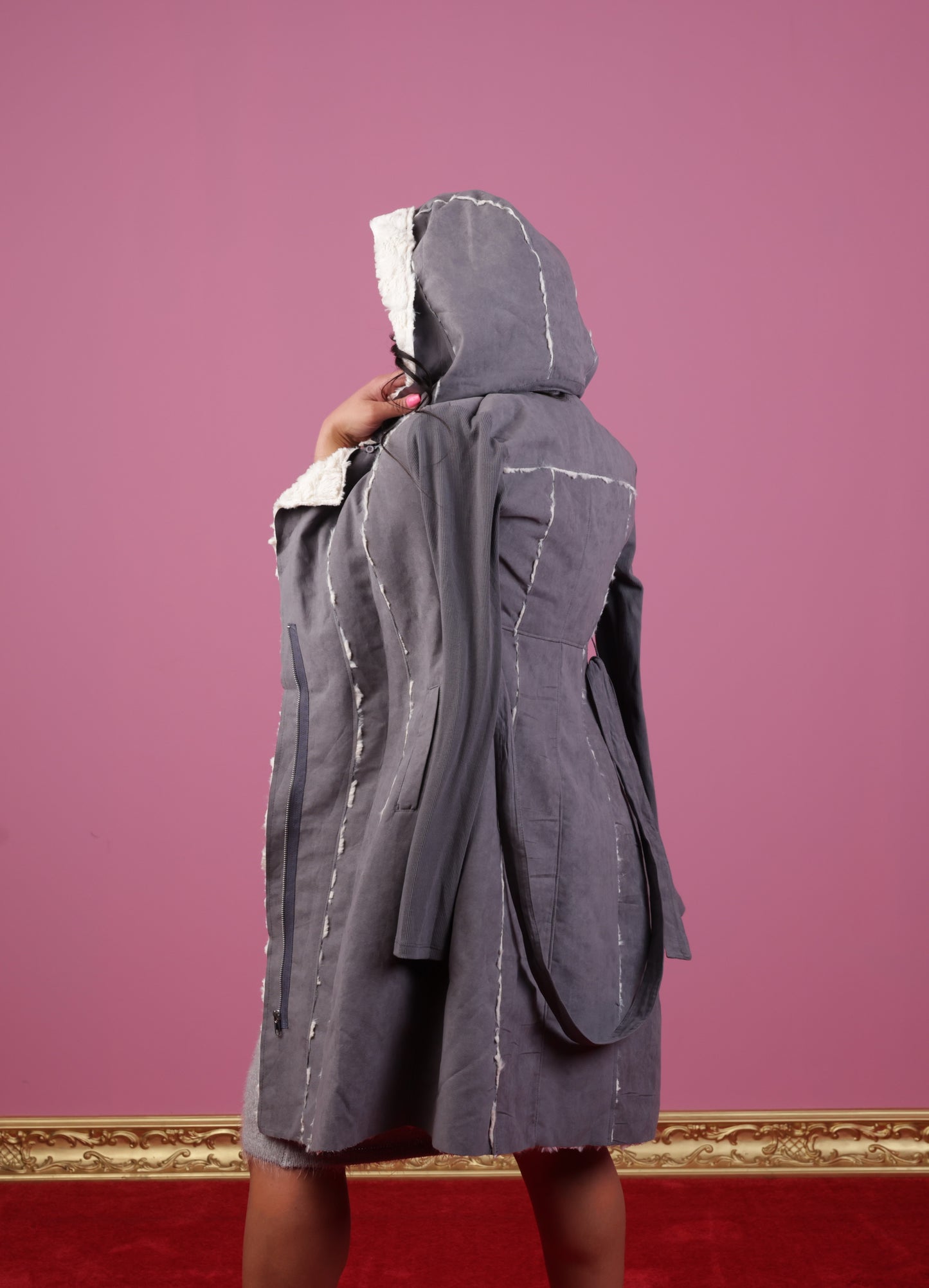 Grey and Creme Faux Fur Trench Coat