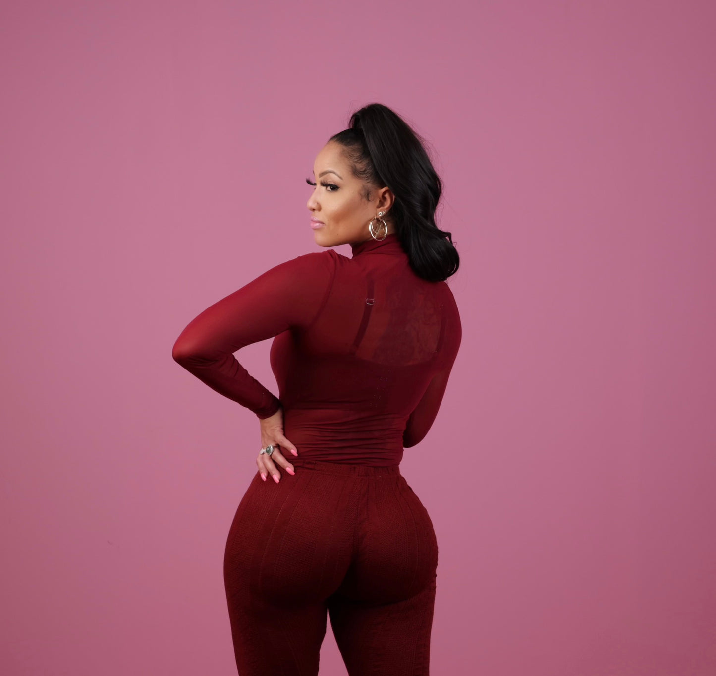 Wine Sheer Mock Neck Thong Bodysuit