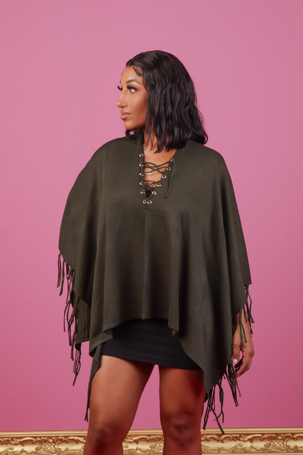 Olive Front Lace Up Fringe Poncho