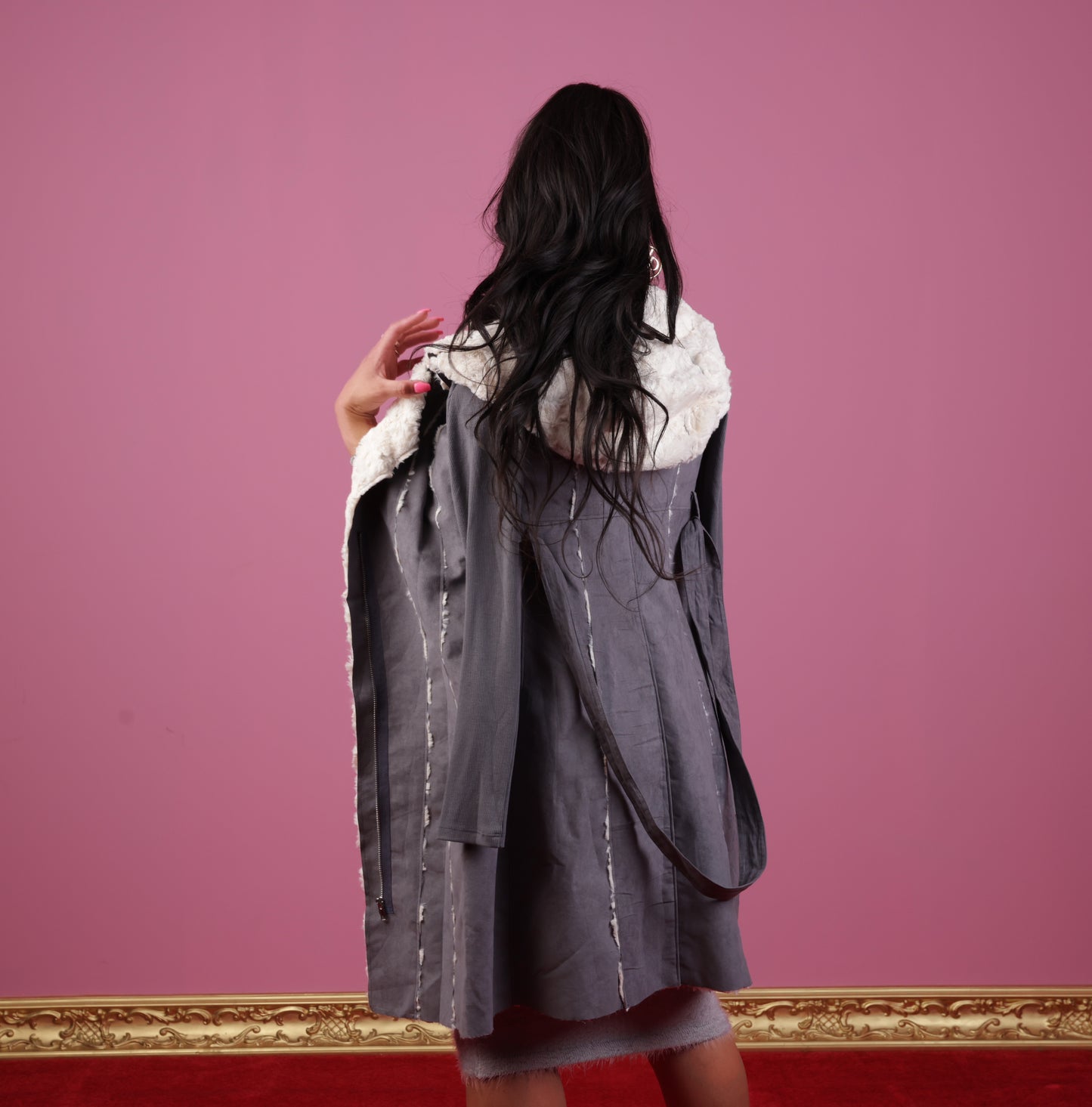 Grey and Creme Faux Fur Trench Coat