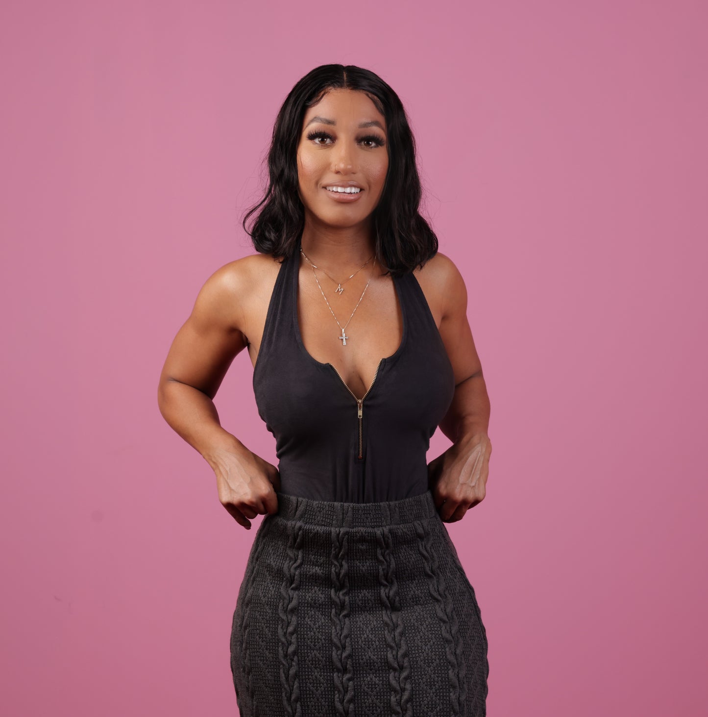 Charcoal Black Halter Thong Bodysuit